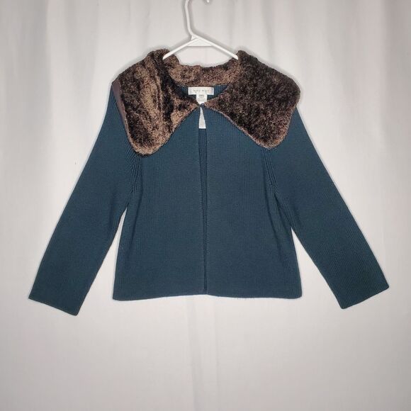 Nine West Vtg Fur Collar Cardigan Women Medium Green Rib Knit - Picture 1 of 9